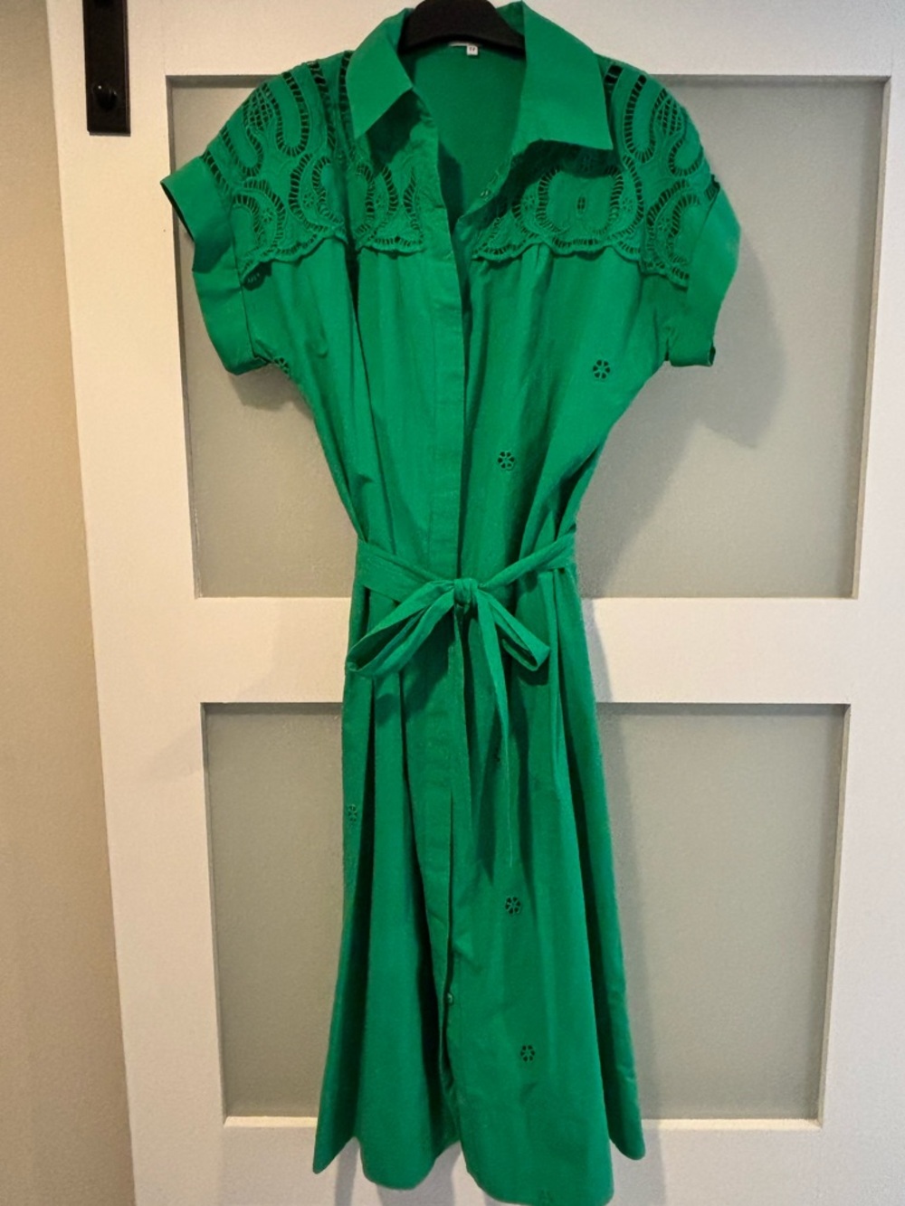 SUNCOO Emerald Green Eyelet Shirt Dress with Tie Waist
